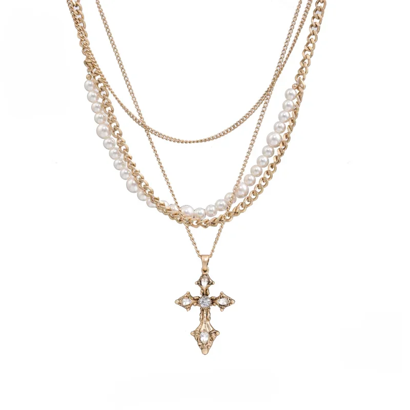 American Baroque pearl cross necklace, high-end dumb old gold multi-layered sweater chain