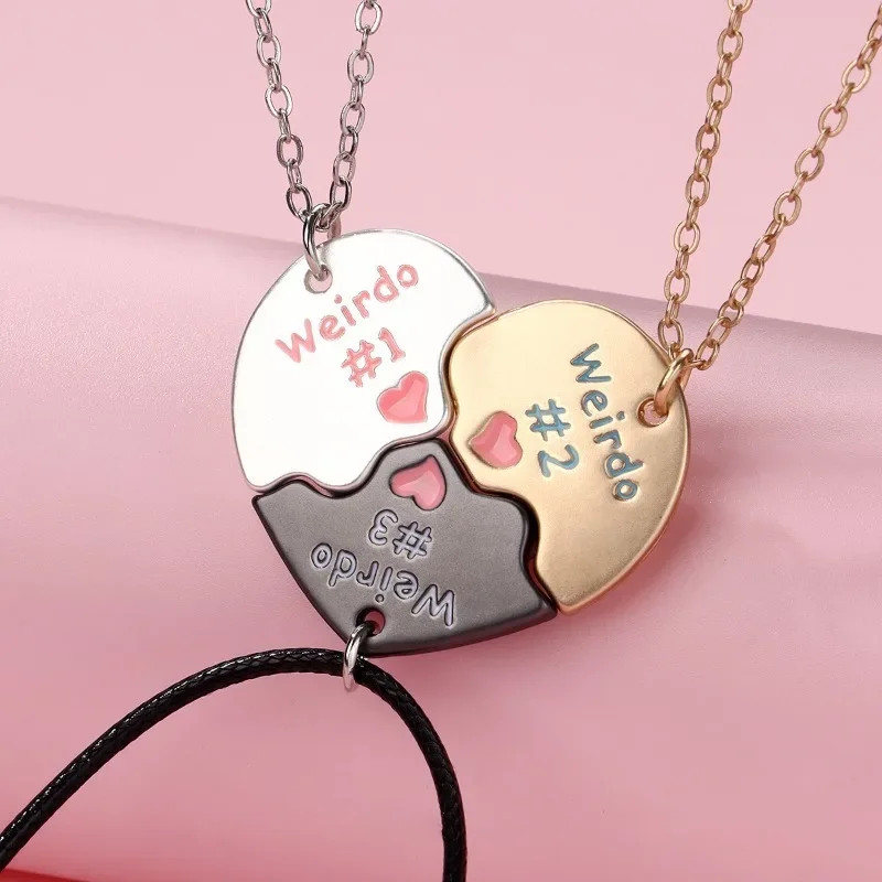 Lovecryst 3Pcs/set Heart-shaped Stitching Letter Weirdo 1 2 3 Best Friend Friendship Necklace for Girls BFF Jewelry Gift