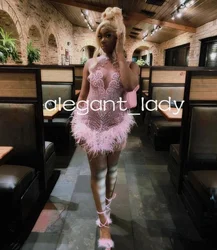 Pink Diamond Short Prom Homecoming Dresses for Black Girl Luxury Crystal Feather Sheer Mesh Birthday Gala Cocktail Gown