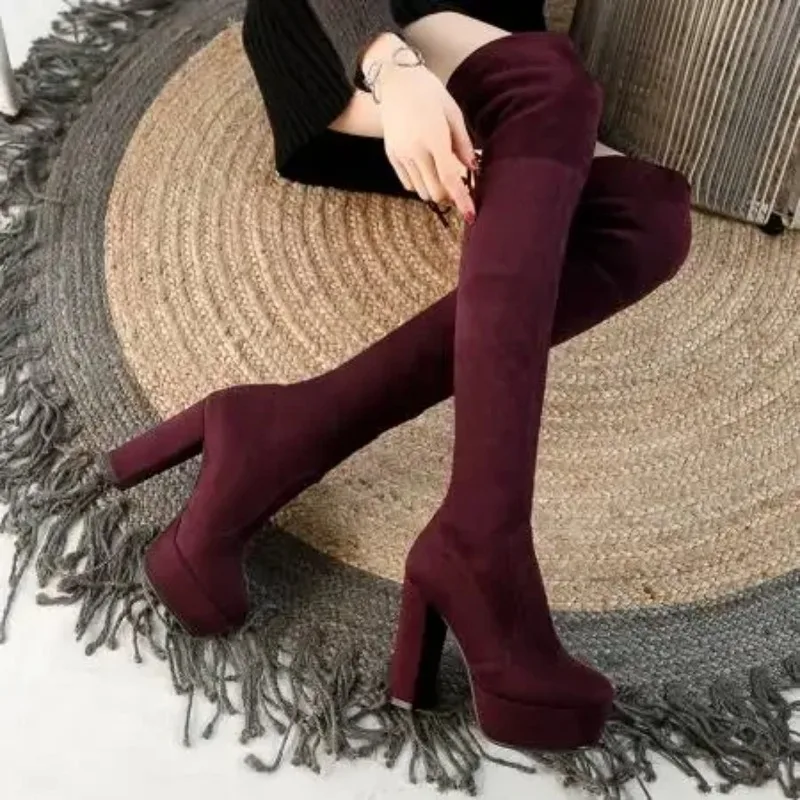 Women\'s Over The Knee Boots, Solid Color Block Heeled Pull on Long Boots, All-Match Comfortable High Heeled Boots 2025
