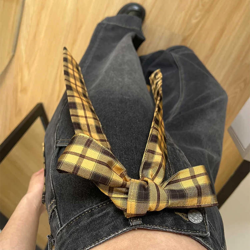 아메리칸 스타일 블랙 그레이 스트레이트 청바지 여성 여름 새로운 격자 무늬 붕대 높은 허리 넓은 다리 데님 바지 스트리트웨어