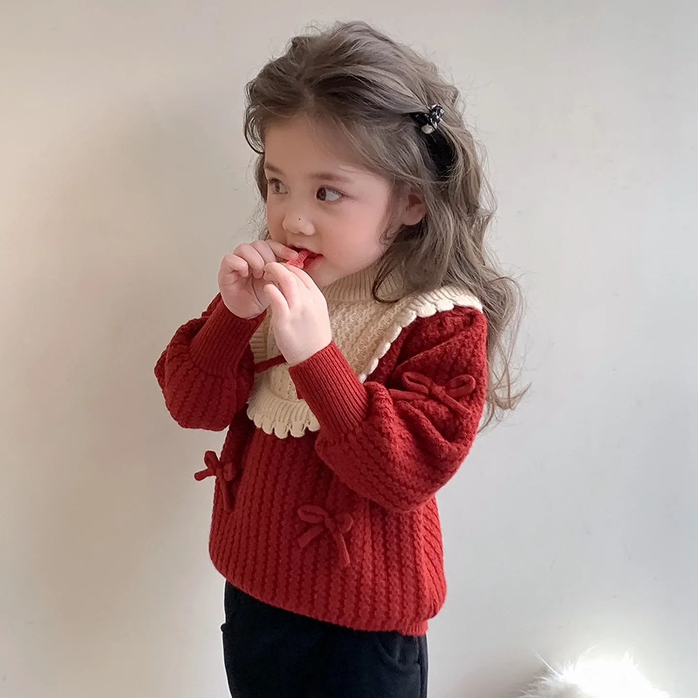 

Girls' Color Blocked Bow Pullover Sweater Autumn/winter 2025 New Children's Korean Little Girls' Knitted Sweater Top
