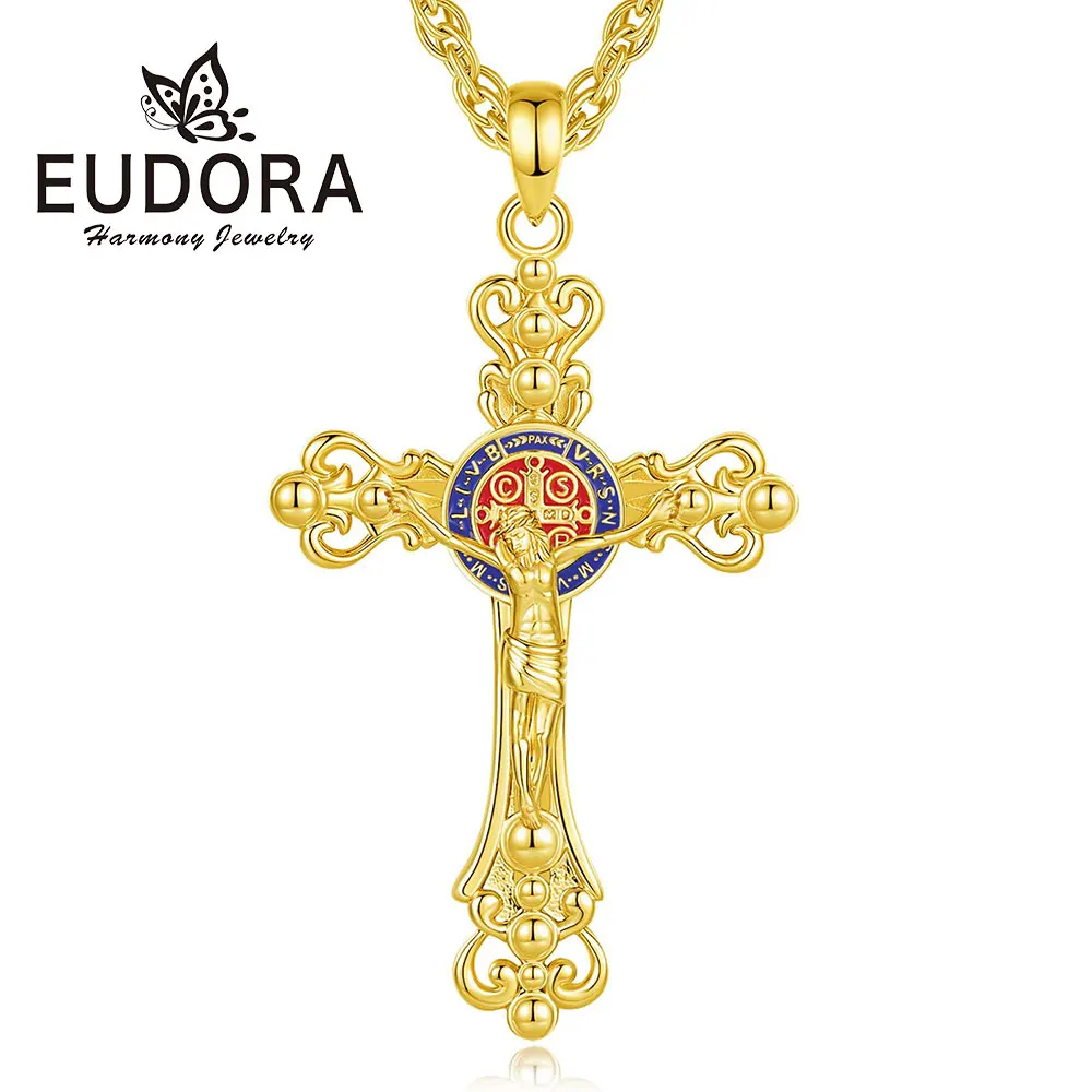 

Медный крест-распятие Eudora с обсидианом, ожерелье для мужчин, позолоченное 18-каратным золотом, кулон с изображением Иисуса, христианские католические украшения, религиозный подарок