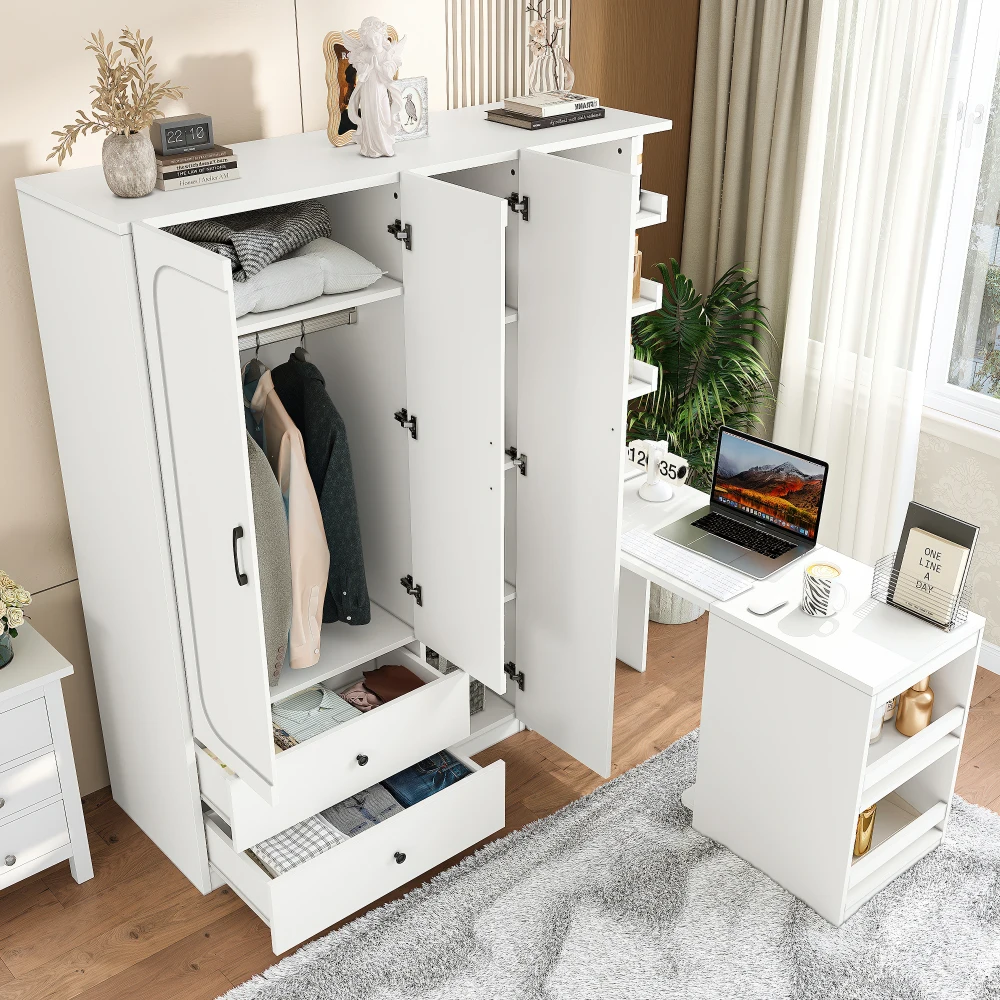 

Multifunctional White Wooden Wardrobe: 2 Doors, Hanging Rod, Convertible Desk, Storage Drawers & Multi-storage for Bedroom/Cloak