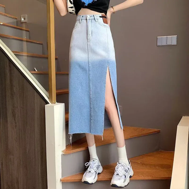 

Girls Ripped Slim Fit Mid-Long Jeans Skirt Female Blue Side Split Dress Lady Chic High Waisted Patchwork Denim Skirt