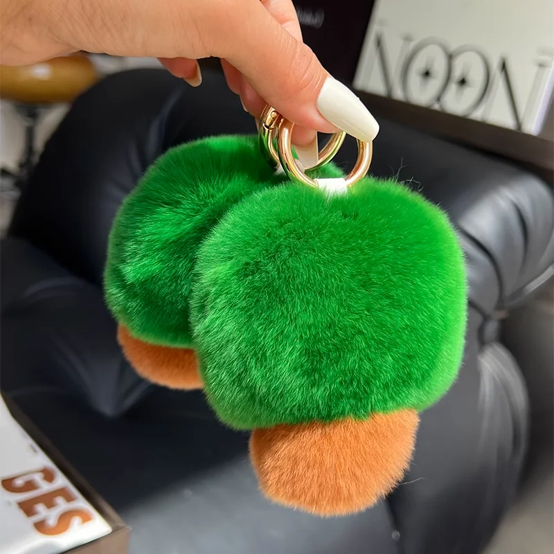 Porte-clés de voiture en vraie fourrure de lapin, petit arbre mignon, boule en peluche verte, poupée, sac à dos, pendentif de sac