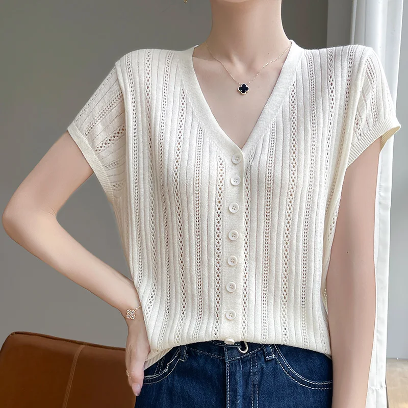 Women\'s T-shirt Summer Lyocell Knitted Short Sleeve Casual Solid Color Blouse Ladies\' Clothes V-Neck Cardigan Tees Loose Tops