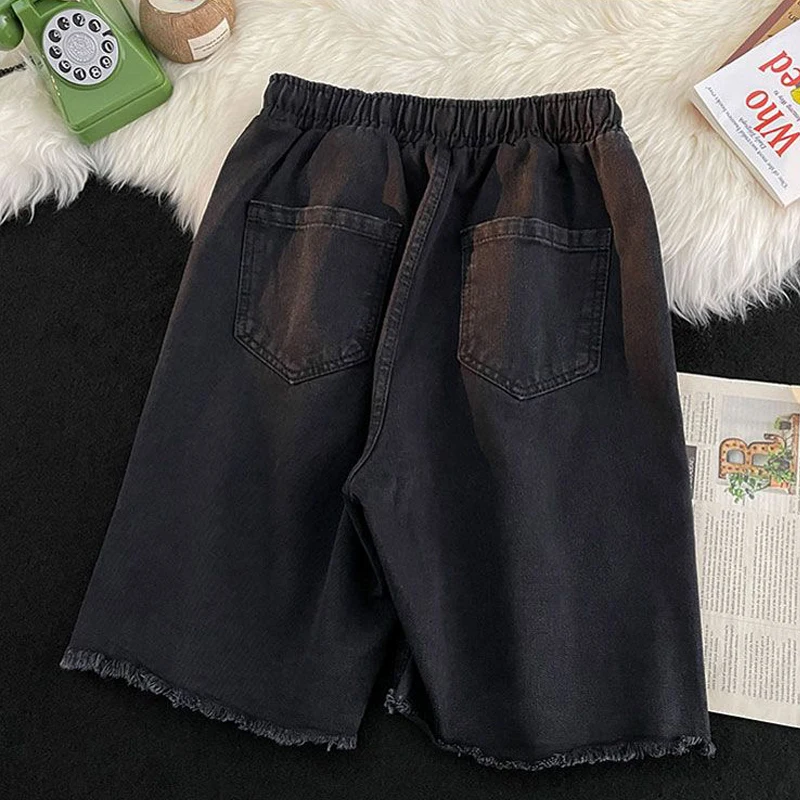 Men\'s Trendy Vintage Casual Streetwear Y2K Hole Jeans Short Pants 2024 Summer Youth Harajuku Pockets Loose Straight Denim Shorts