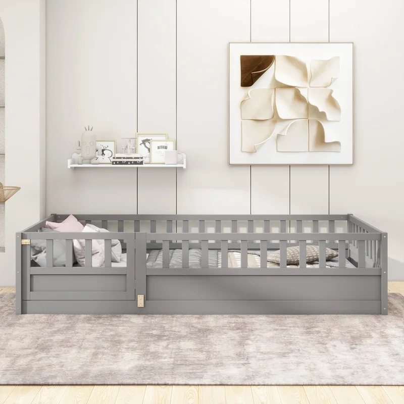 

Twin Size Wooden Floor Bed with High Safety Barrier and Door, Montessori-Style Kids' Bed Frame, Grey Support Slats (Patented Design)