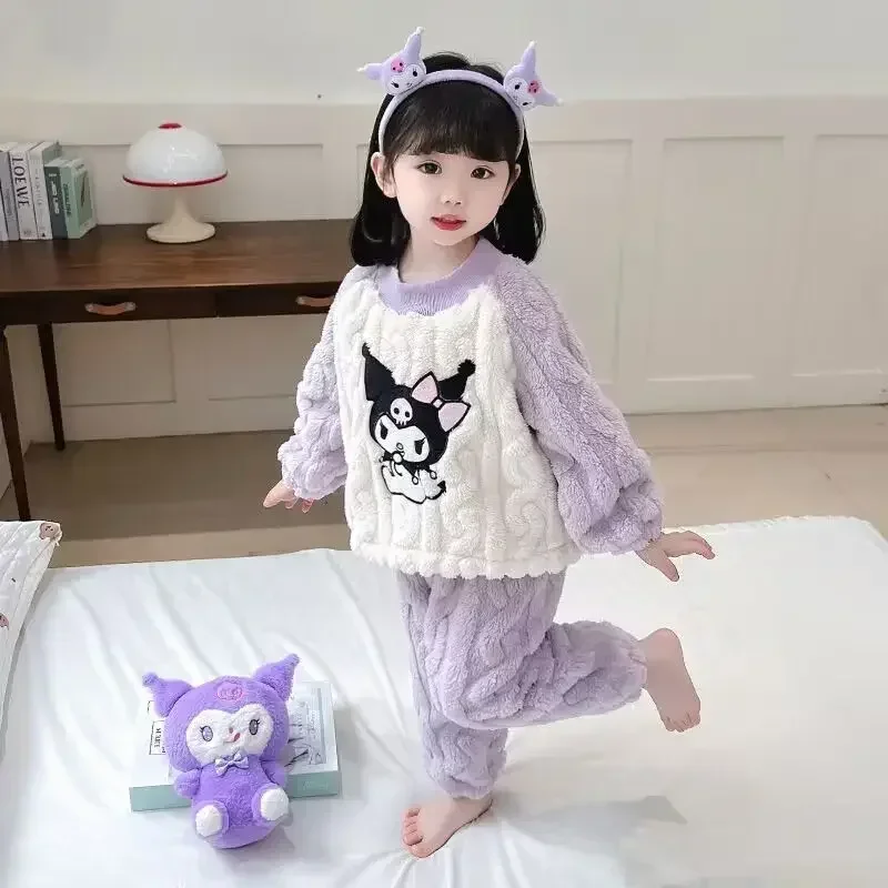 

Sweet Kuromi Anime Ins Kawaii Sanrio Children Flannel Pajamas Hooded Pants Cute Cartoon My Melody Baby Homewear Cloth Set Toys