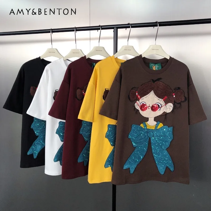 

Korean Style Fashion Versatile Cool Girl T-shirt With Sequins Towel Embroidery Patch Loose Fit Multi-Color Short Sleeved Tshirts