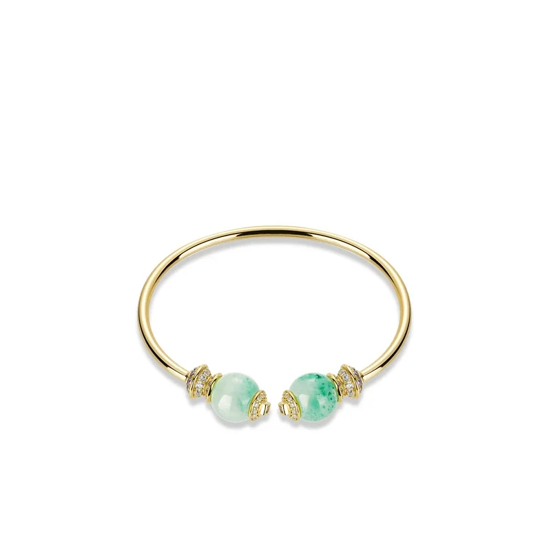 Bellux New Chinese Style 925 Silver Bracelet Synthetic Zircon Green Dulong Jade Double Bead Gold Arm Opening Bangle