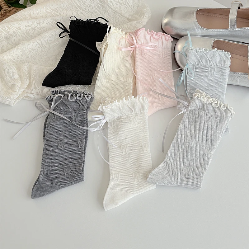 Women's Mid Tube Mesh Thin Socks with Bow Decoration 1/7 Pairs Fashion Trendy Sweet Korean Style Summer Silk Socks image 6