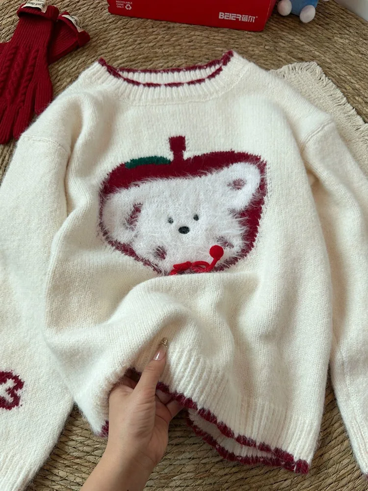 Maglione stile preppy simpatico cartone animato da donna vintage a maniche lunghe dolce maglione lavorato a maglia casual vento pigro coreano signora autunno inverno top