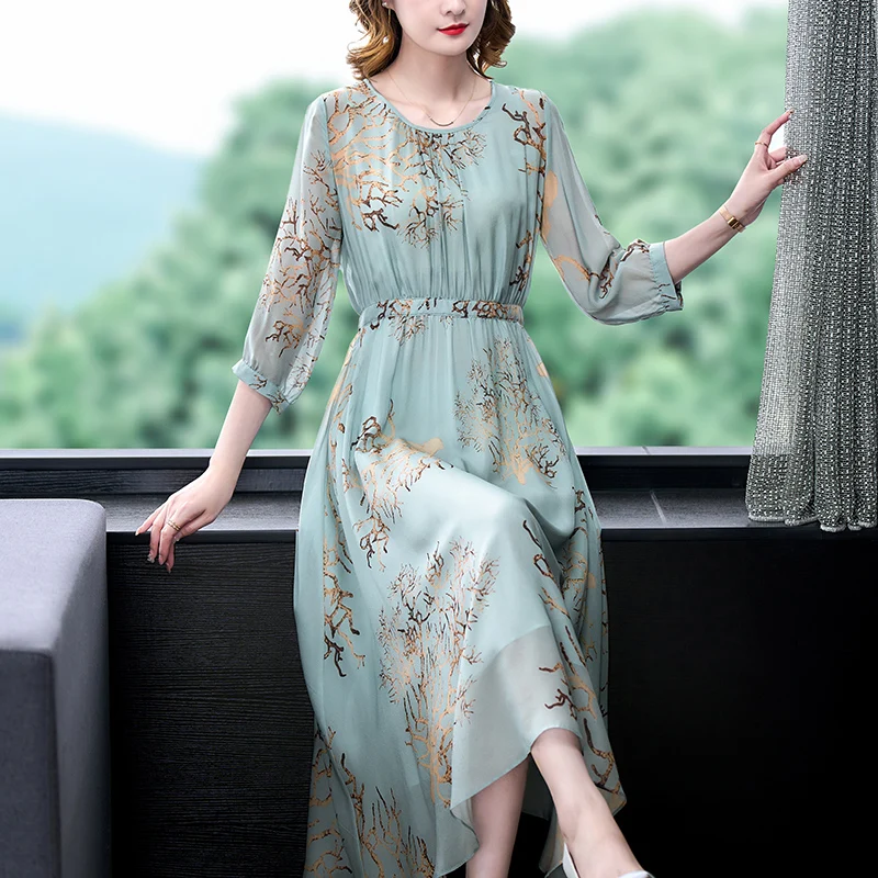 Summer Blue Floral Natural Silk Vacation Midi Dress Women Vintage Fashion Beach Prom Dress Korean Elegant Evening Vestidos
