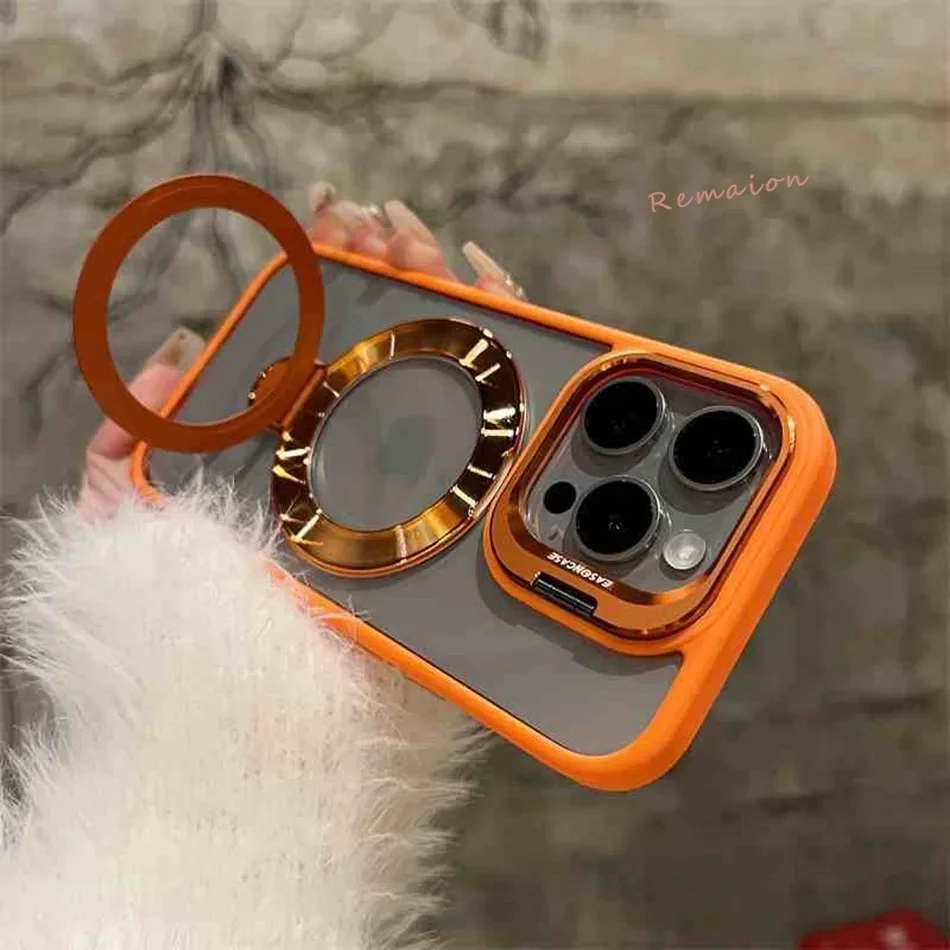 Luxury Ring Magnetic Glass Lens Stand Phone Case for iPhone 16 11 13 14 12 15 pro Max 16 plus Funda Magsafe Clear Protect Cover image 4