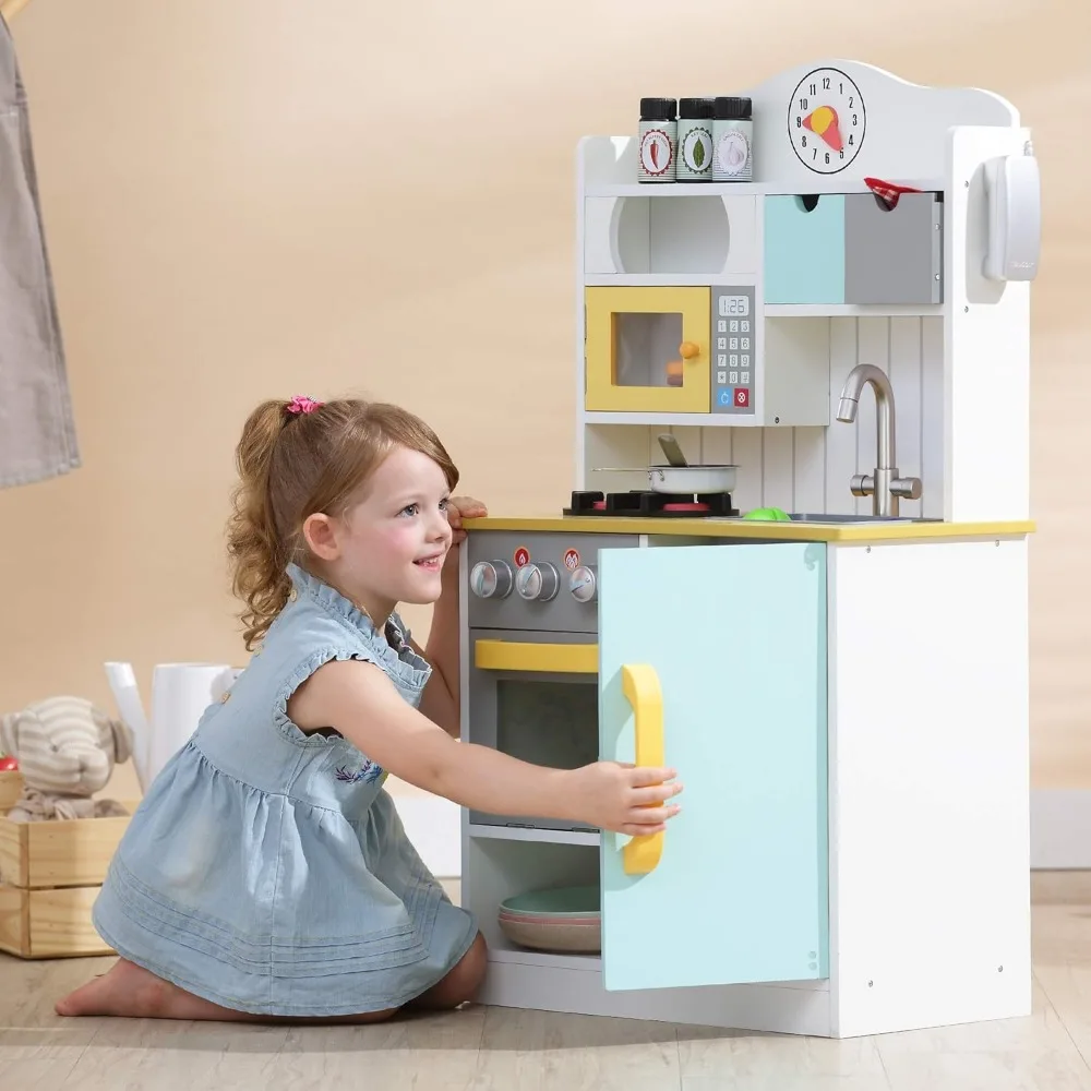 Cocina interactiva clásica de madera para niños, juego de cocina con accesorios y espacio de almacenamiento para una fácil limpieza