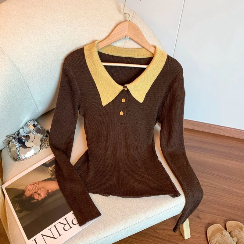 كلية نمط التباين اللون بولو طوق بأكمام طويلة البلوز أعلى الخريف الشتاء جديد الفرنسية ضئيلة زر سترة #4