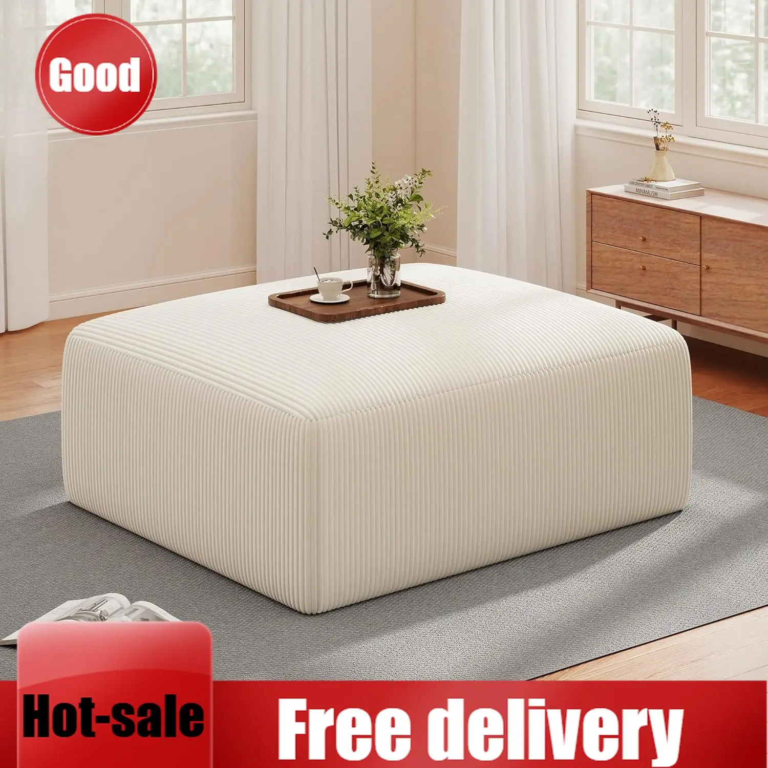 Fast Delivery & Hot Selling40" Oversized Square Corduroy Ottoman Pouf - Poofy Soft Foot Rest with Foam Chunk Filling, Movable La