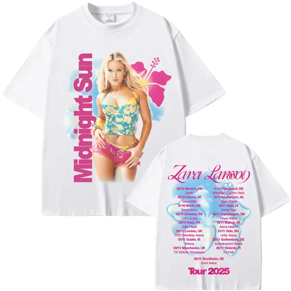 Camiseta Comemorativa da Nova Turnê Midnight Sun 2026 da Cantora Zara Larsson, 100% Algodão, Confortável, de Alta Qualidade, com Estampa de Desenho Animado