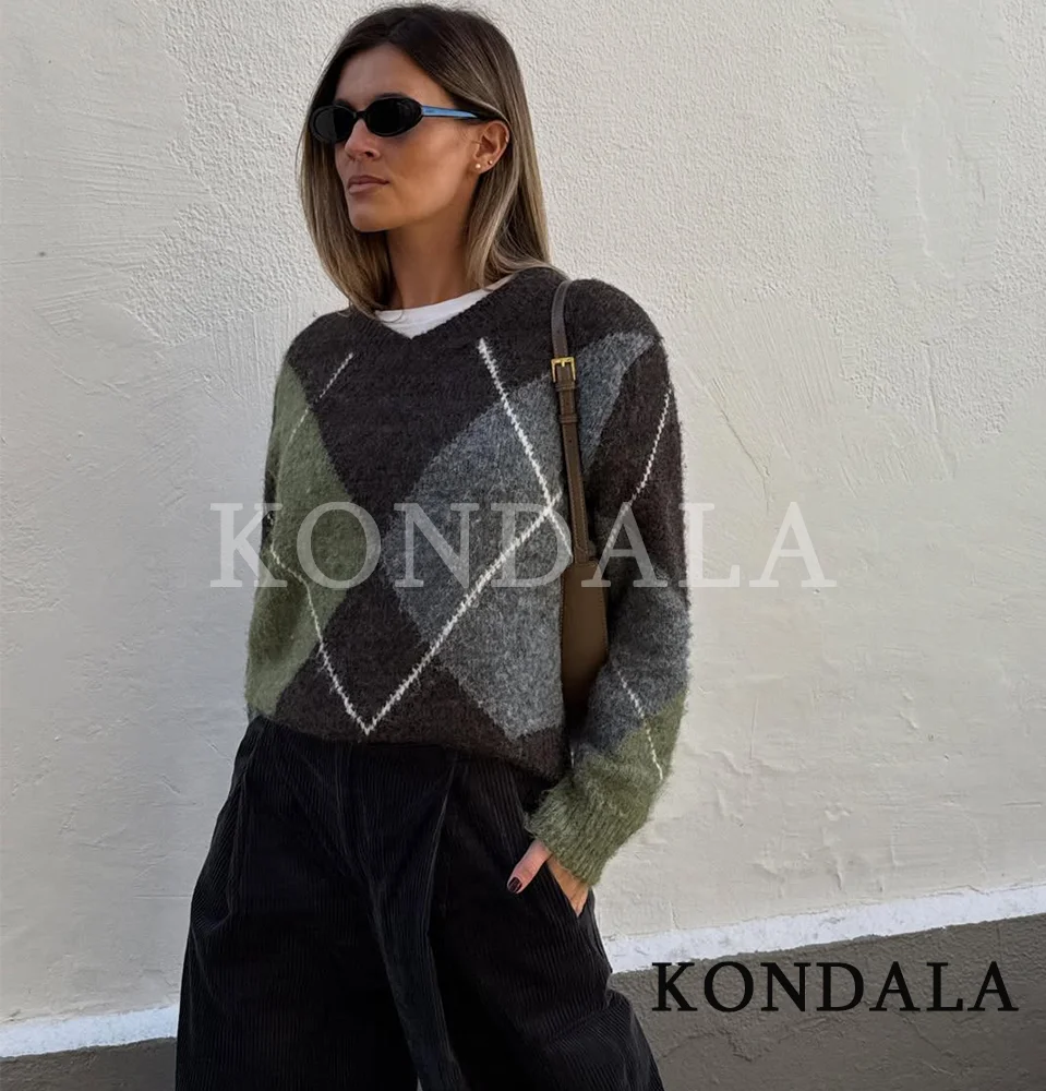 KONDALA-suéter informal con rombos y cuello en V para mujer, suéter de punto sencillo y versátil, suéter contrastante a la moda para primavera y otoño 2026