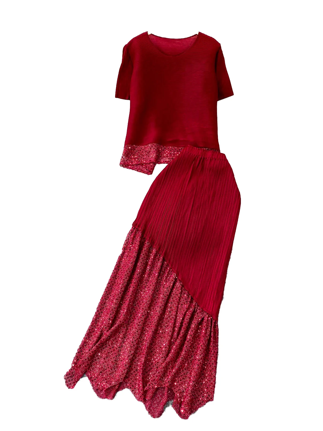 

High-End Pleated Color round Ne ort Sve T-irt Top High Waist Slimming Sequin Patchwork Skirt Two-Piece Set