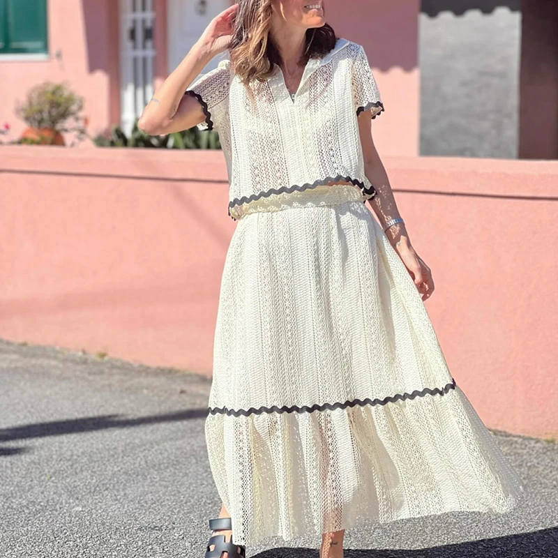 Moda boho praia outfit senhora elegante decote em v manga curta topo e saia longa terno renda cor bloqueado solto verão 2 peça conjunto