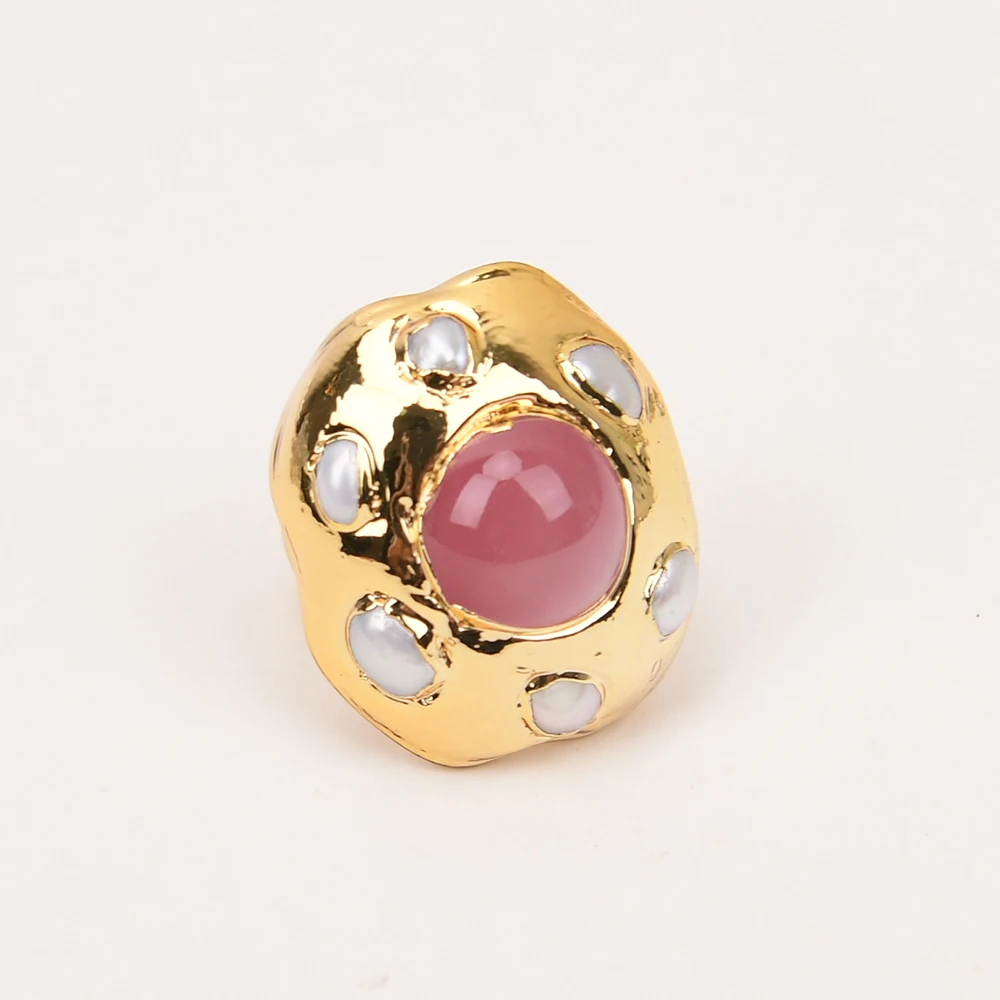 GG Natural Pink Cat Eye Stone Gold Edge Plated White Pearl Paved Rings Adjustable Gem Rings For Lady Gifts