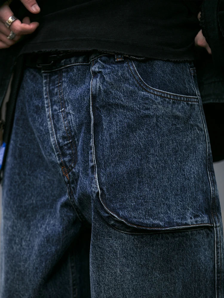 Mens American Streetwear Baggy กางเกงยีนส์สีน้ําเงินเข้ม Vintage 3D กระเป๋าขาตรงกางเกงทํางานกางเกงอินเทรนด์พรีเมี่ยมกางเกง