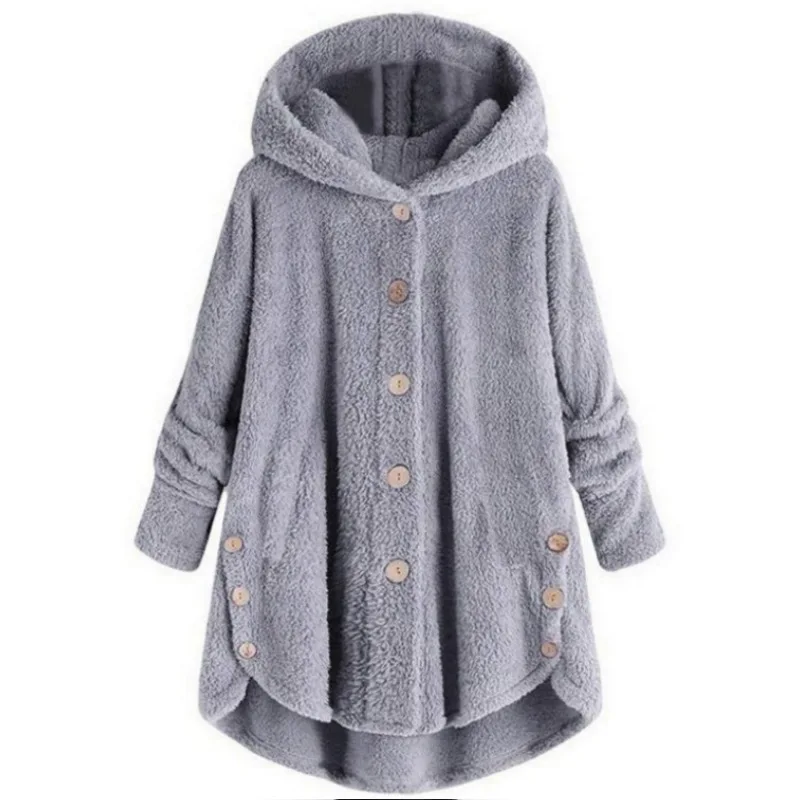 

2022 Women Coat Winter Plus Velvet Sports Winter Cute Cats Ears Hooded Irregular Hem Buttons Jacket Fleece Coat Christmas Gift