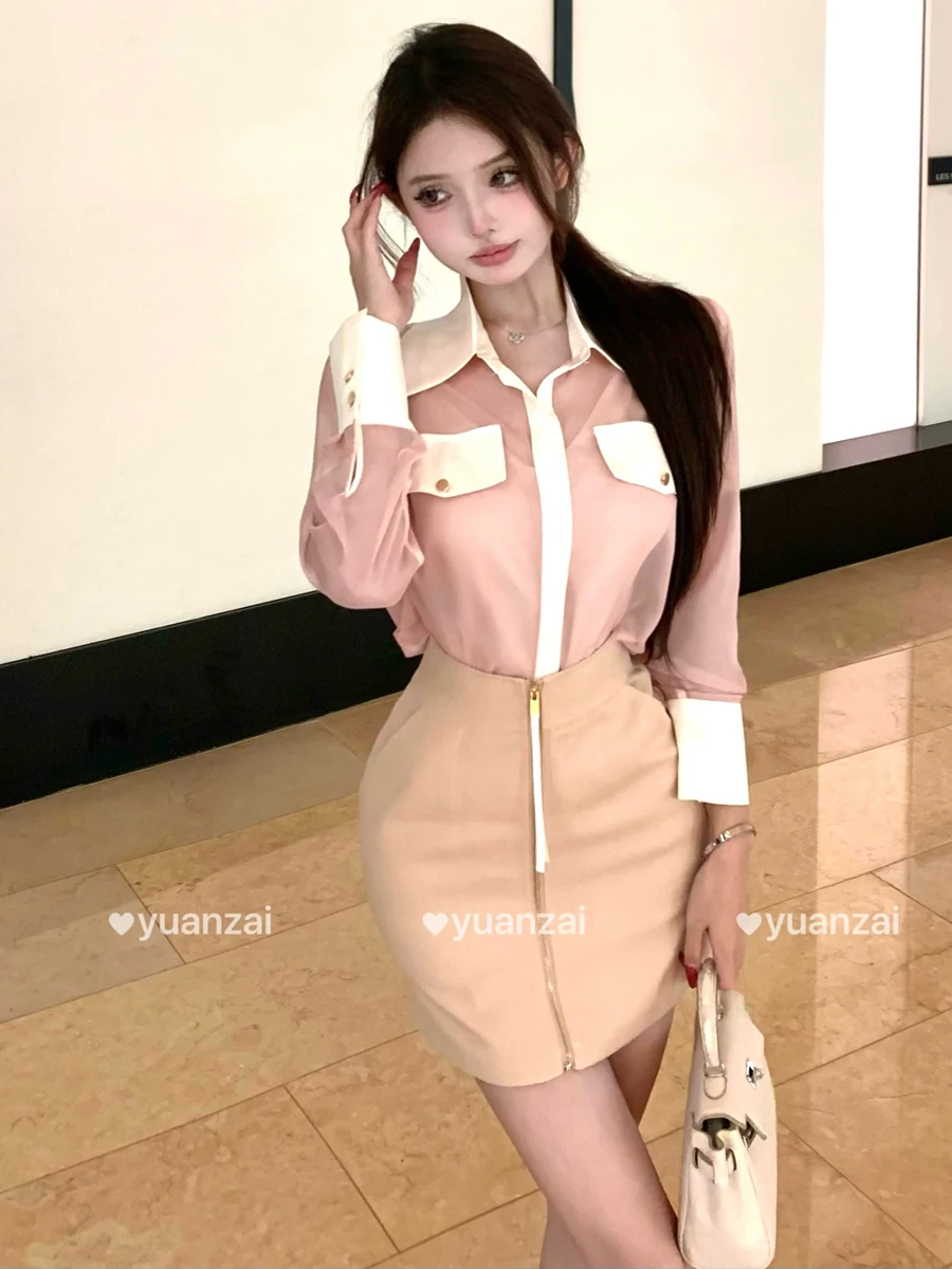 Early Autumn Korean Style Shirt Color Block Satin Inner Wear Translucent Design High Waist Short Skirt Three Piece Set