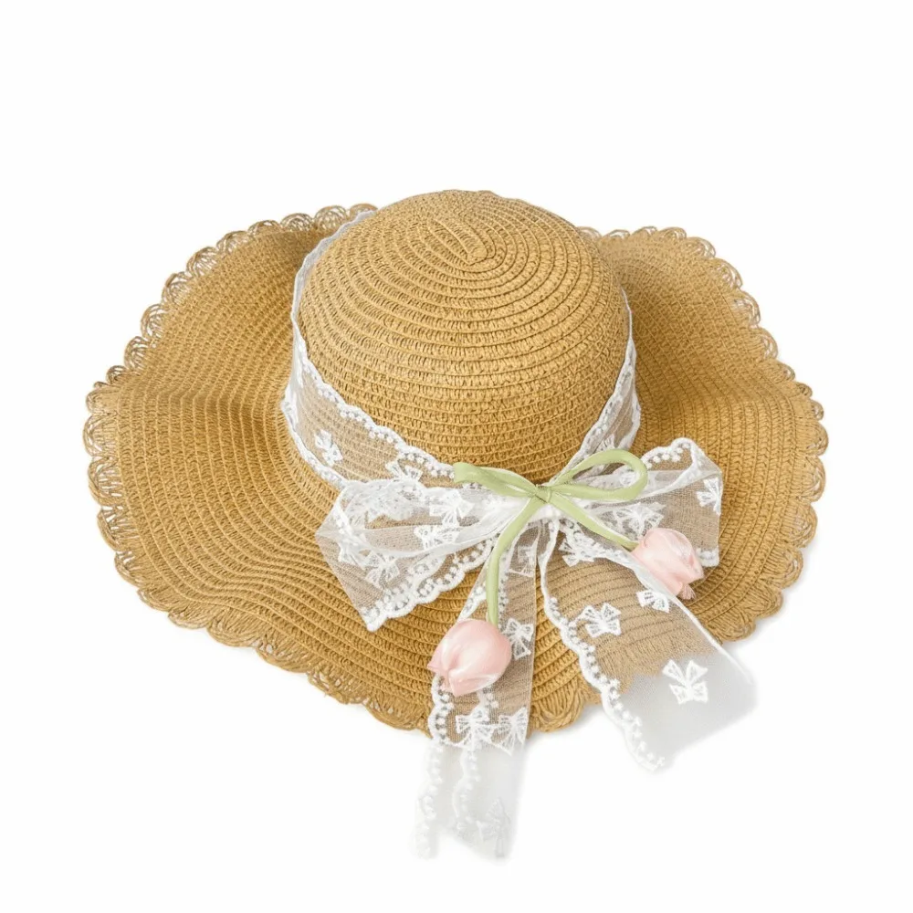 

Sweet Lightweight Straw Hat Flower Decoration Lace Bow Sun Hat Breathable Flat Top Wide Brim Hat Beach