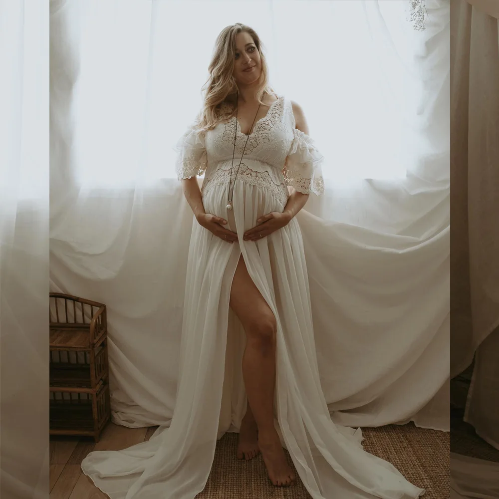 

Maternity Photoshoot Dress V-Neck Embroidered Cotton Lace Dress - Boho White Maternity Gown Perfect for Pregnancy Photography