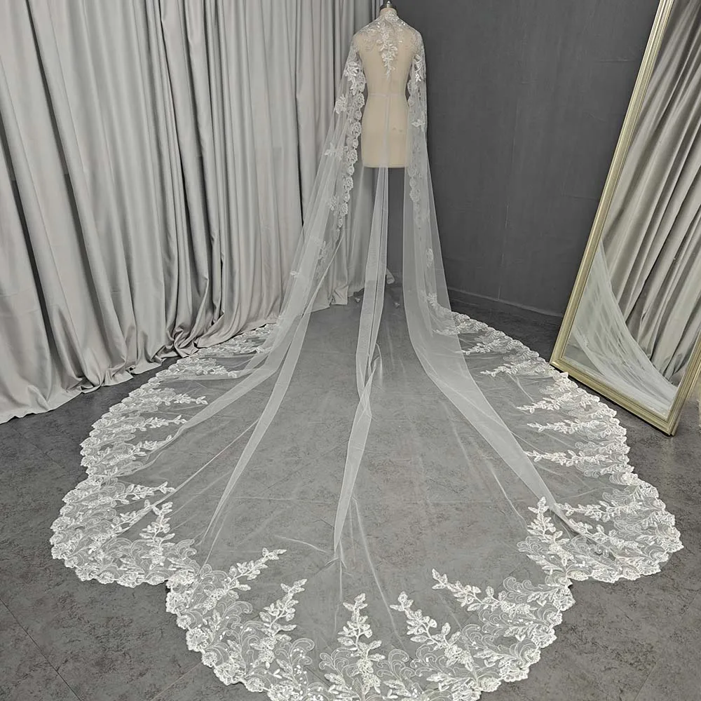 Özelleştirilmiş Lüks parlak pullar Dantel düğün duvağı 3 m/3.5 m/4 m Uzun Gelin Peçe Gizli Tarak Özel Kesim Kenar Mantilla Peçe