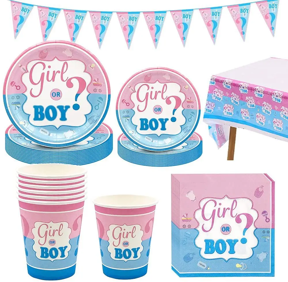 Boy Or Girl Gender Reveal Disposable Cutlery Set Paper Tray Paper Cup Balloon Decorations Baby Shower Party Decorations