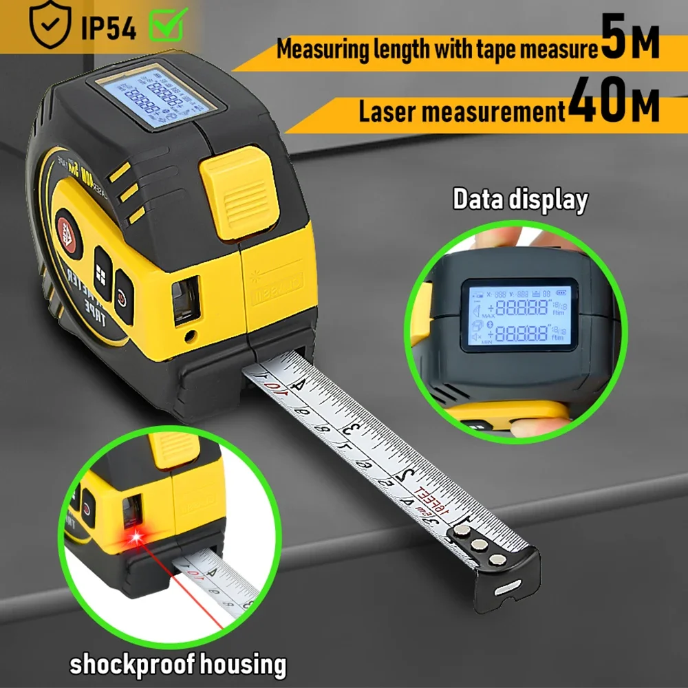 HILDA 3in1 Rechargeable Laser Tape 40M USB Multifunctional Measure Rangefinder with 5m Tape LCD Display Measuring Tool
