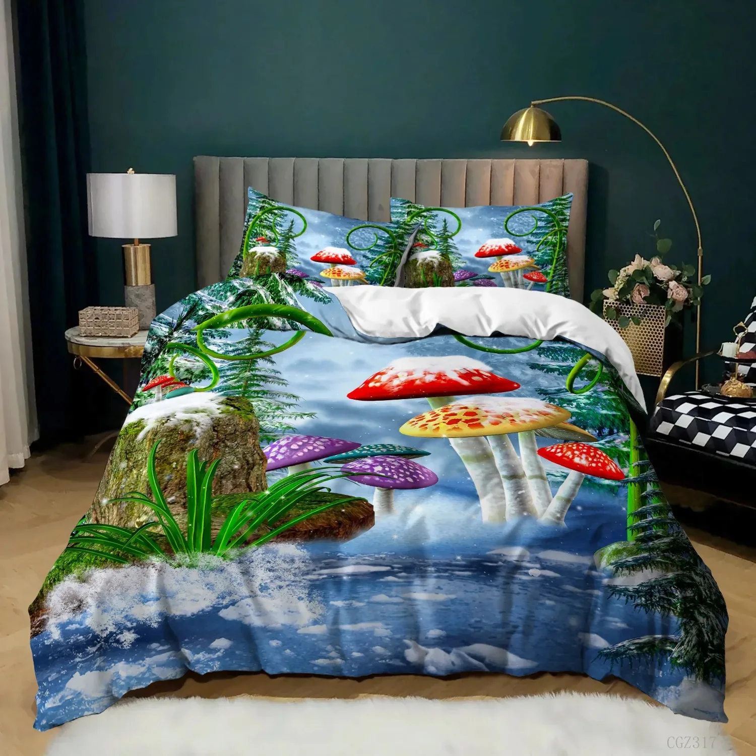 

Mushroom Duvet Cover King Queen Size Magic Forest Colorful Cute Psychedelic Mushrooms Polyester Bedding Set for Kids Multicolor