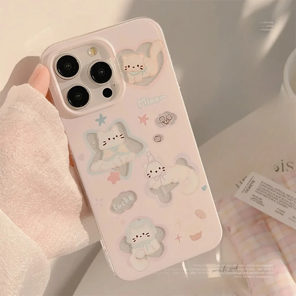 

Прозрачный мягкий чехол для телефона с блестящими мультяшными милыми кошками для iPhone 16, 15, 14, 13, 12, 11 Pro Max Plus, противоударный бампер, задняя крышка