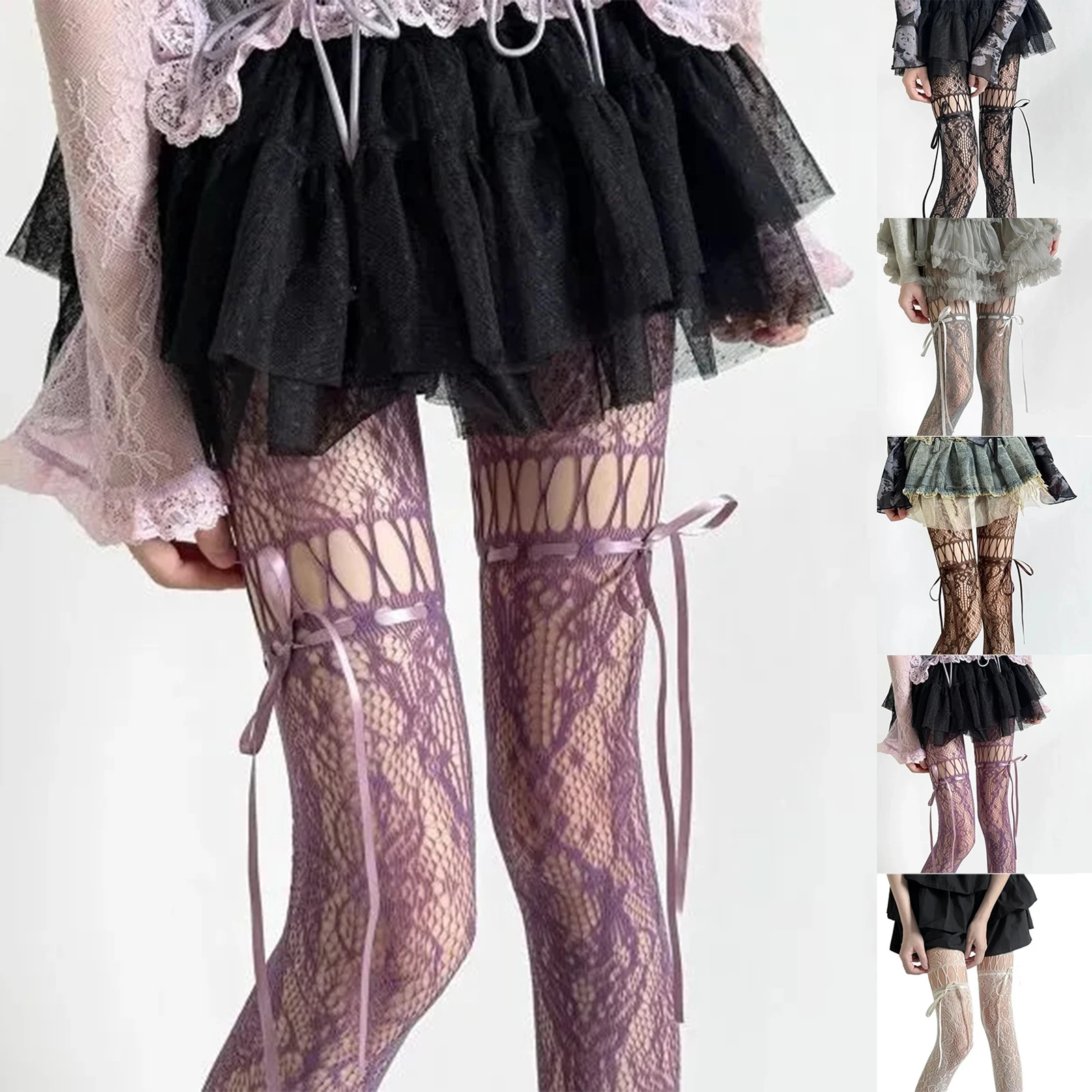 Women Lace Bow Tie Hollow Out Stockings Sexy Flower Bottoms Socks Women Pantyhose Tights Night Club Cosplay Party Accessories