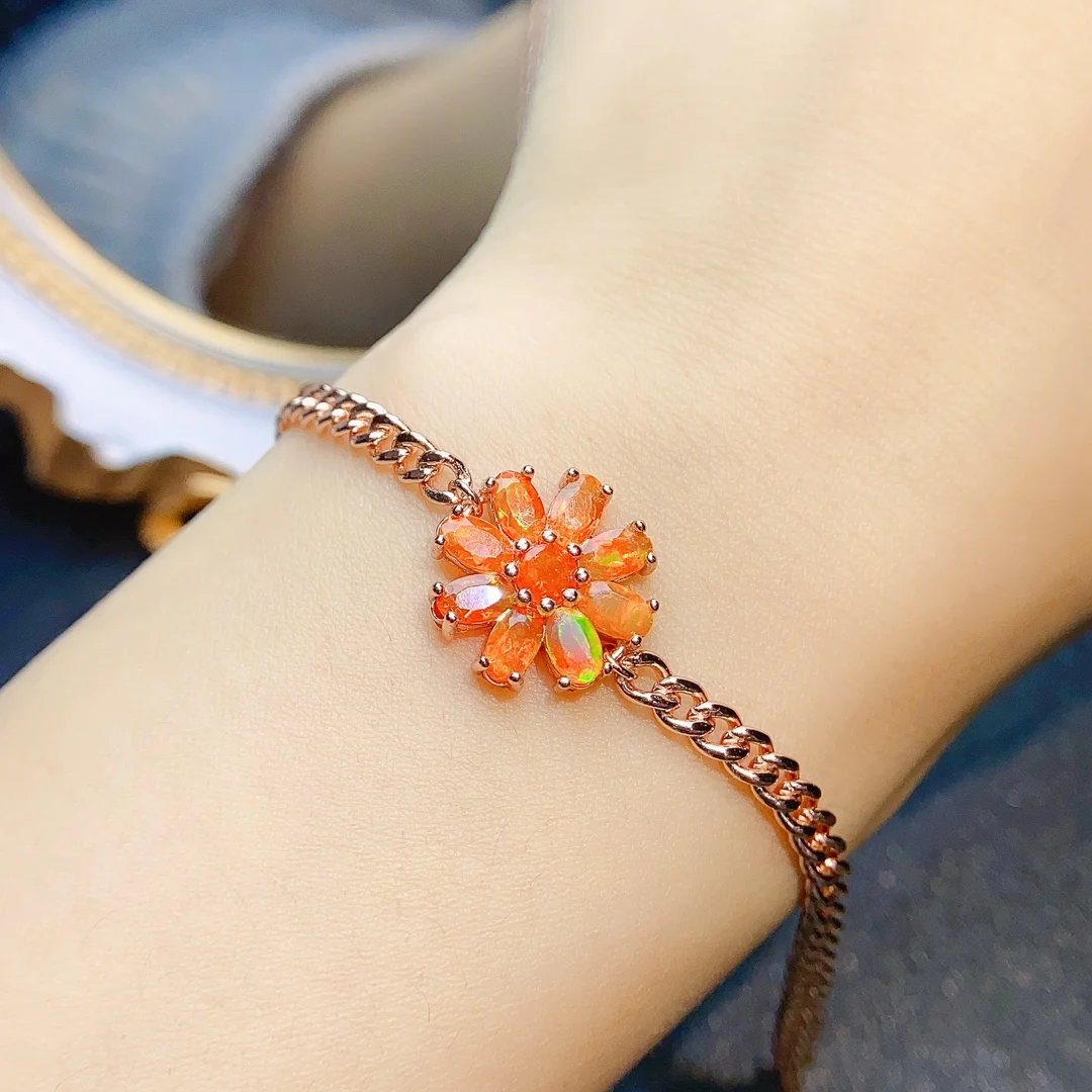 

Fashion Vintage Orange Fire Opal Bracelet 925 Sterling Silver Natural Opal Flower Bracelet For Gift