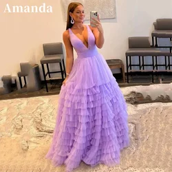 Amanda Lavender فساتين مناسبة رسمية Sexy V-neck Multilayer Vestidos De Noche Floor Lenght A-line Tulle Prom Dress 2023