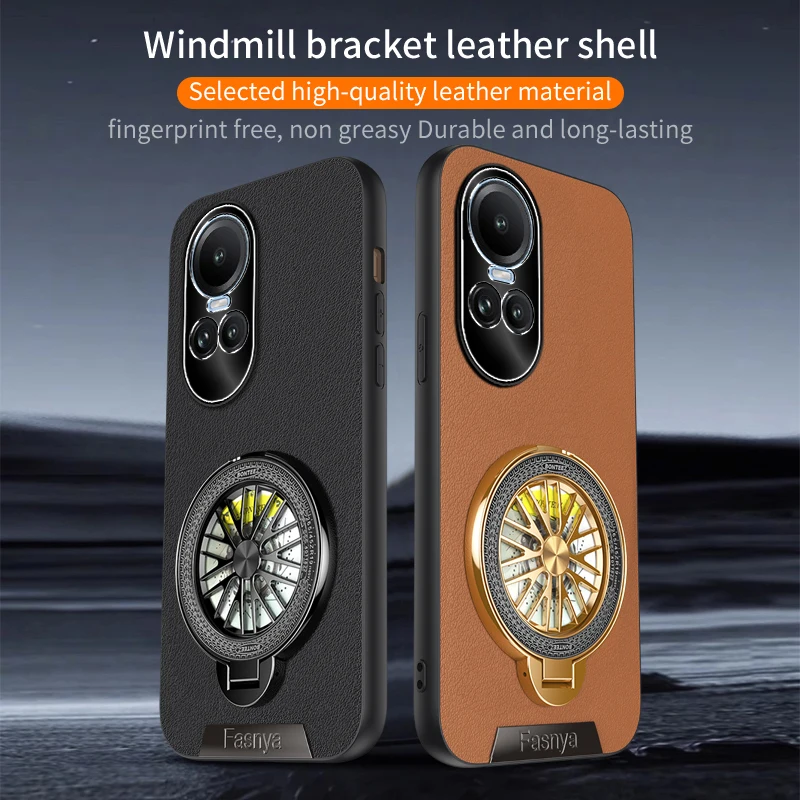 

Metal Leather Texture Phone Case for OPPO Reno8 Z Lite 8T 5G Shockproof with Rotating Holder Back Cover Cases for Reno10 Pro 5G