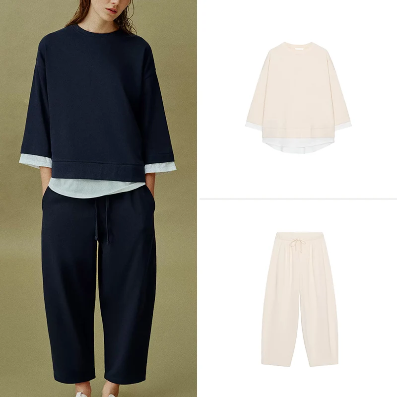 

Women's round Neck Long Sleeve Color Block Sweatshirt Casual Balloon Pants High Waist Long Pants Summer Fashion Set
