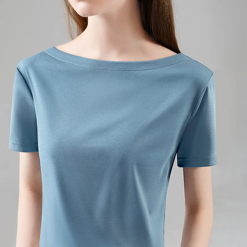 Boweylun-Camiseta de manga corta de algodón mercerizado para mujer, Tops transpirables de un hombro, respetuosos con la piel, Verano
