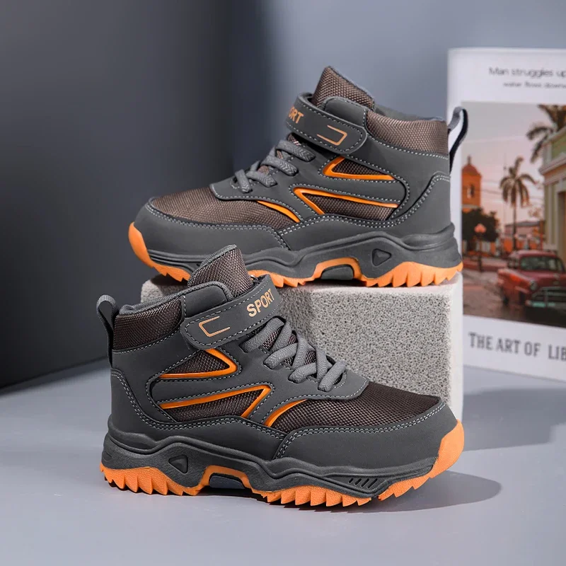 

New Boys' Sports Shoes Non-slip School Children's Leather Breathable Running Black Fashion Hiking Shoes Sneaker Size 29-40