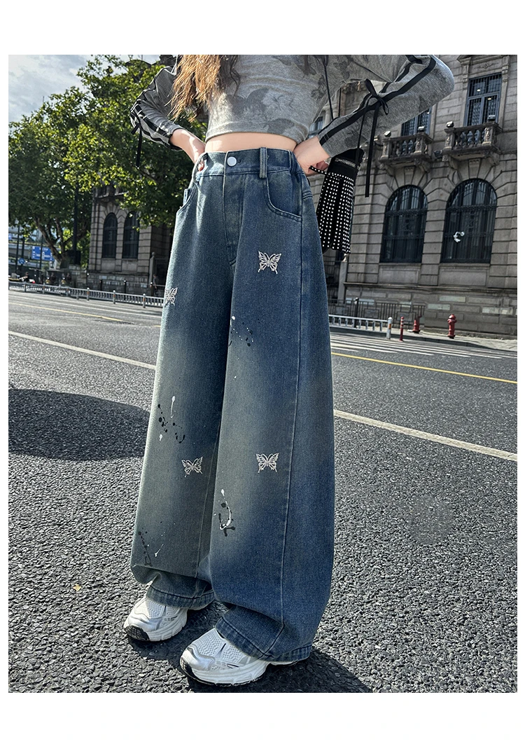 Neue Kinder-Modejeans mit Schmetterlingen für Mädchen, Stylische Gerade Denim-Hosen, Kinder-Teenager-Jeans im Loose-Stil – Detail 8