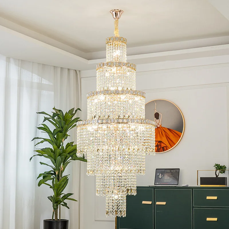 

Villa Staircase Crystal Lamp High Ceiling Living Room Gold Long Chandelier Creative Shield Metal Decoration Hotel Pendant Light