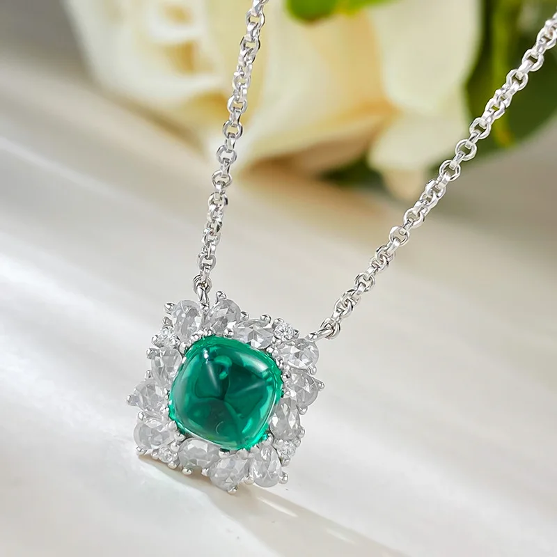 S925 Silver Necklace, Fat Square, Plain Noodle, Sugar Tower, Emerald Necklace, Retro and Niche Design Necklace Jewelry