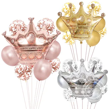 8 pçs grande coroa balões de hélio rosa ouro prata cromo metálico confetes látex ballon festa de aniversário de casamento decoração chuveiro