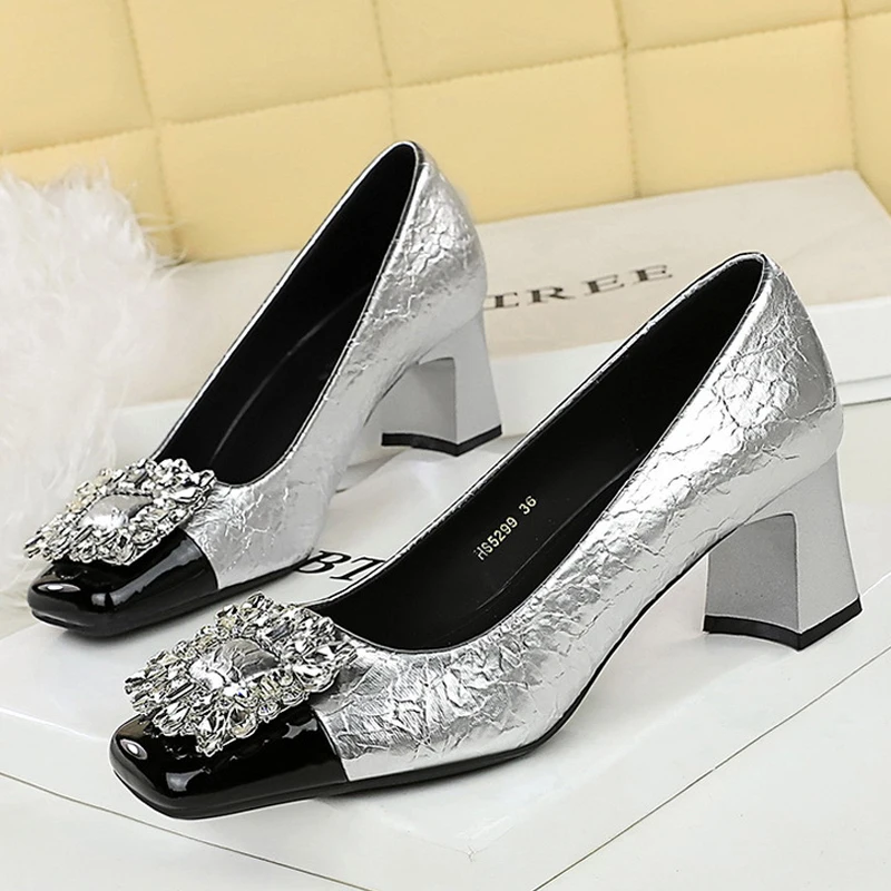 BIGTREE Spring Sunflower Crystal Square Head Women Pumps Kitten Thick Heel Fashion Elegant Party Ladies Shoes Zapatos De Mujer